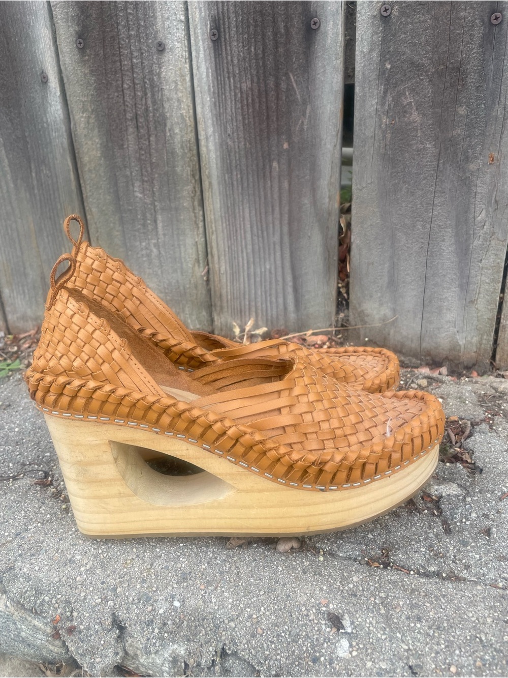 Free People Woven Leather Platform Wedge - Cognac